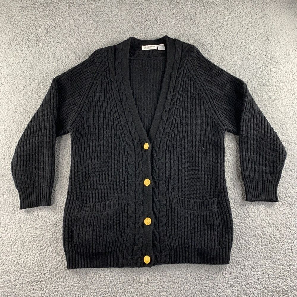 Vintage Liz Claiborne Cardigan Sweater Womens Petite Small Black‎ Merino Wool